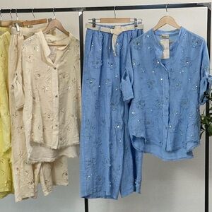 Puro Lino Italian Linen Embroidered Sequins Button Down Shirt and Pants Set